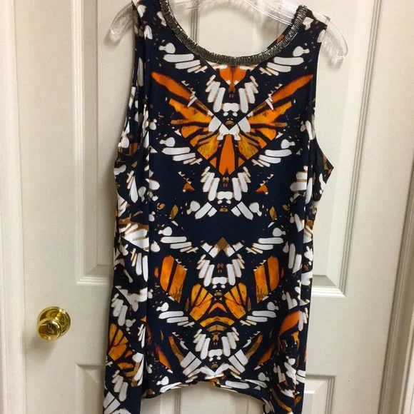 Abstract “Monarch Butterfly” Pattern Sleeveless Top with Shark Bite Hem - Picture 1 of 7